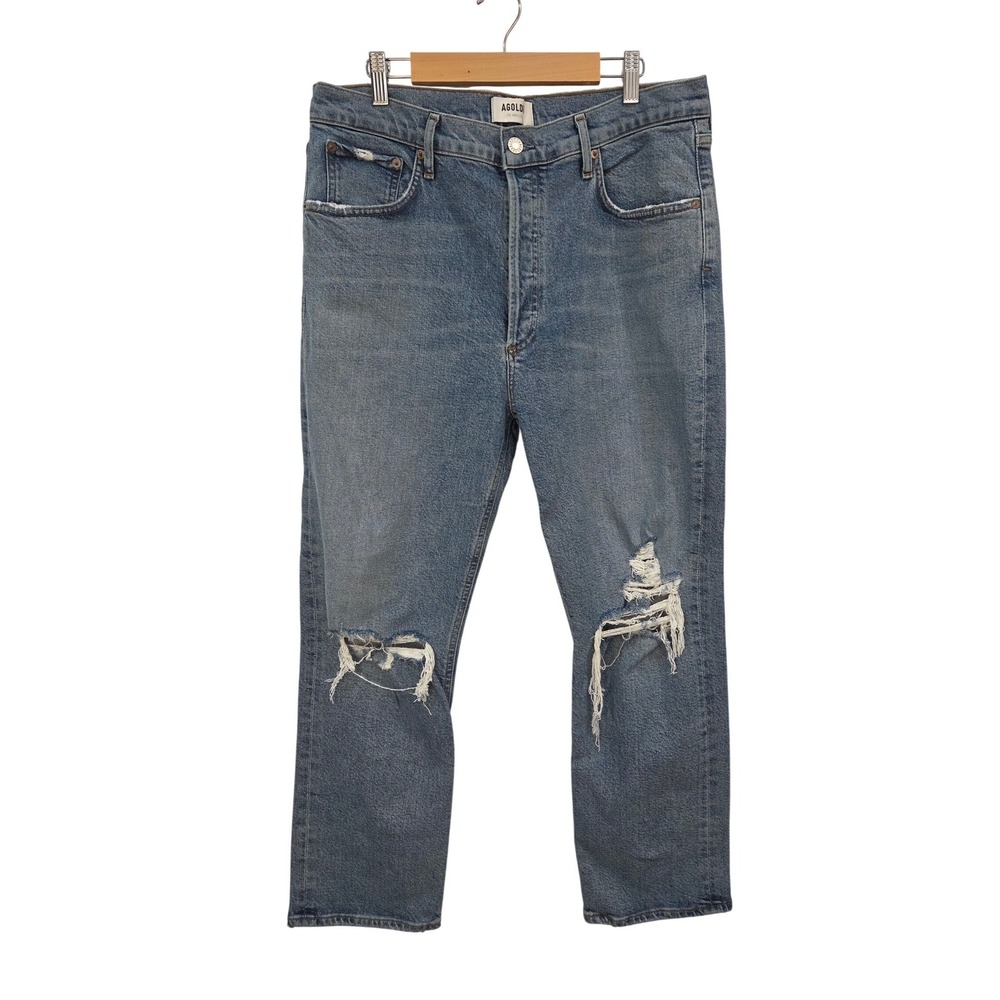 AGOLDE Womens Riley High Rise Straight Leg Crop Jeans 32 Distressed Button Fly